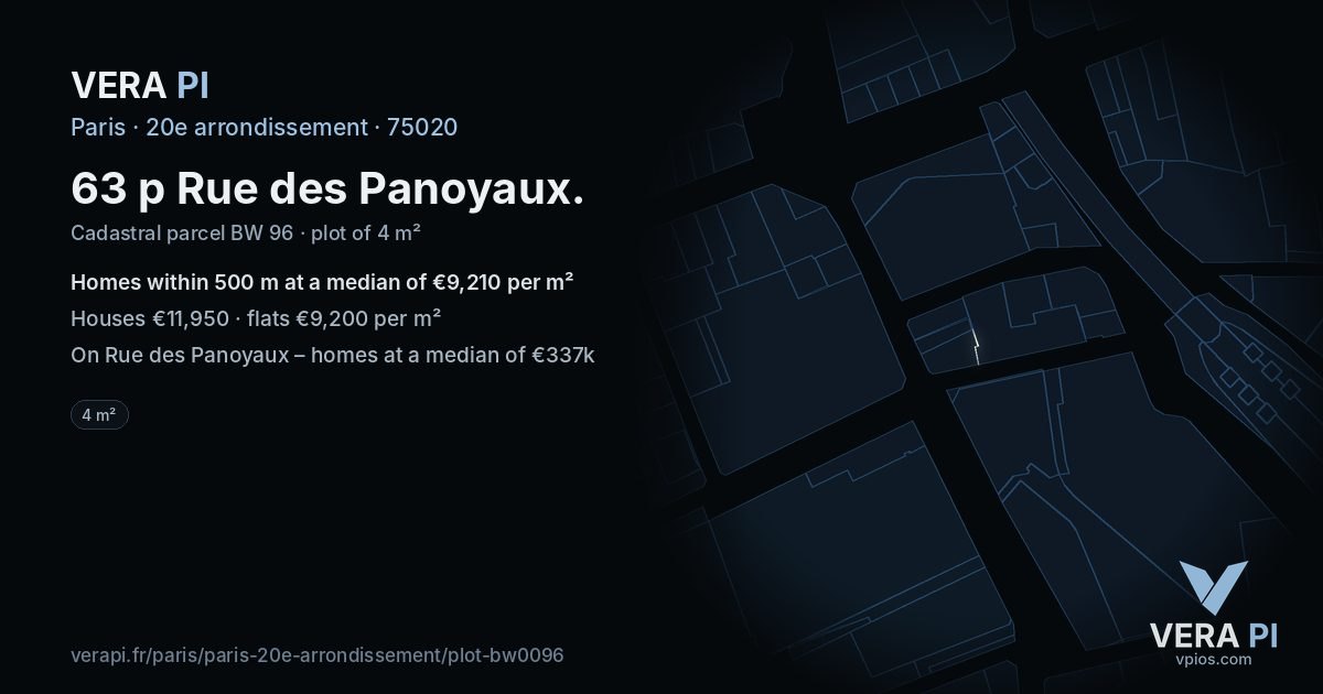 63 p Rue des Panoyaux, 20e arrondissement at night – the plot lit, the parcels around coloured by the prices near them