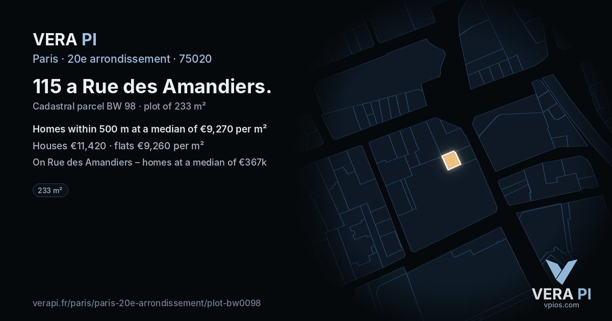 115 a Rue des Amandiers, 20e arrondissement at night – the plot lit, the parcels around coloured by the prices near them