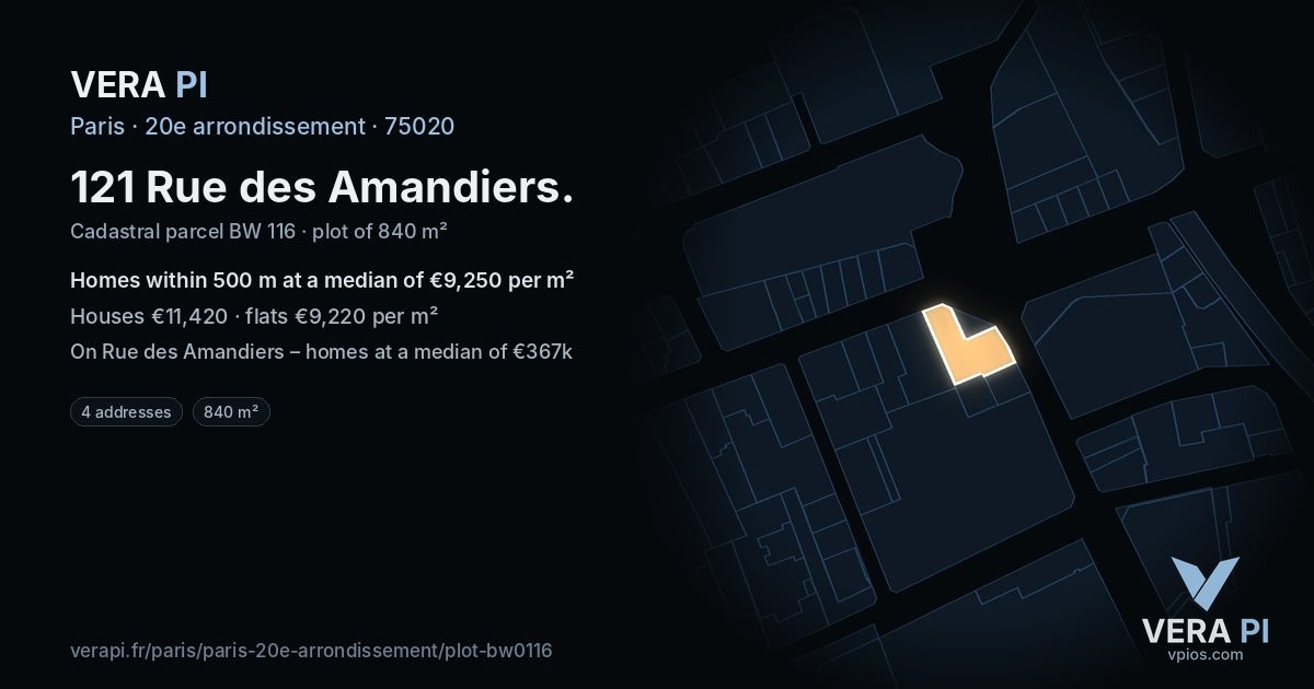 121 Rue des Amandiers, 20e arrondissement at night – the plot lit, the parcels around coloured by the prices near them