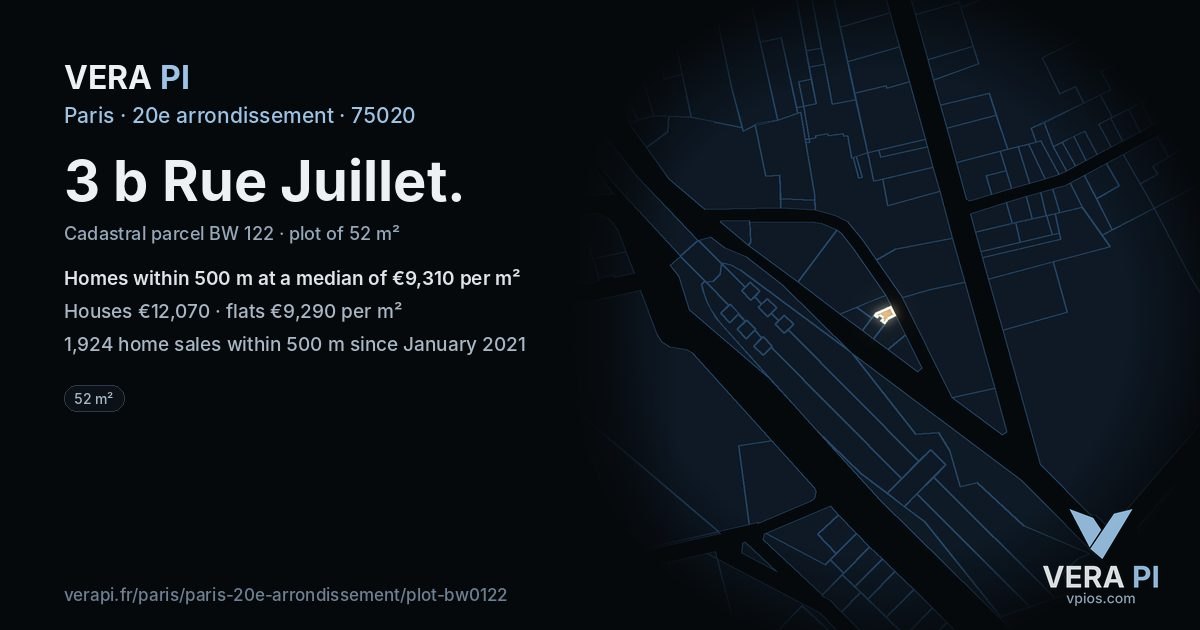 3 b Rue Juillet, 20e arrondissement at night – the plot lit, the parcels around coloured by the prices near them