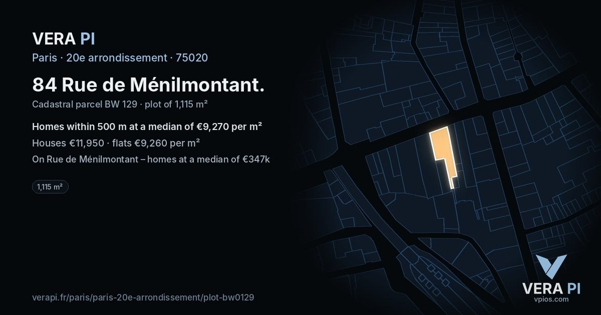 84 Rue de Ménilmontant, 20e arrondissement at night – the plot lit, the parcels around coloured by the prices near them