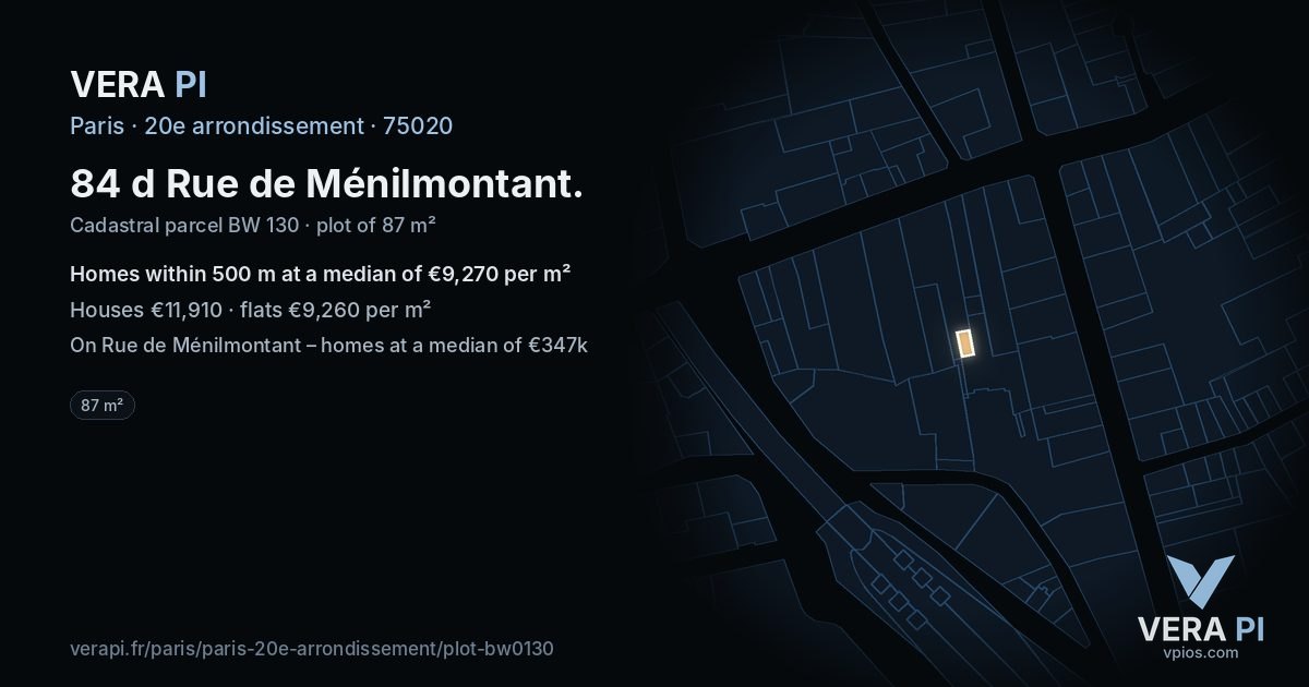84 d Rue de Ménilmontant, 20e arrondissement at night – the plot lit, the parcels around coloured by the prices near them