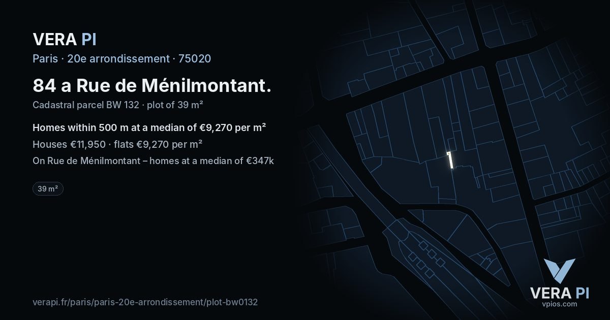 84 a Rue de Ménilmontant, 20e arrondissement at night – the plot lit, the parcels around coloured by the prices near them
