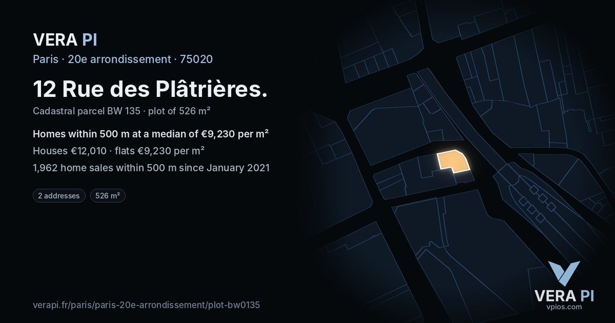 12 Rue des Plâtrières, 20e arrondissement at night – the plot lit, the parcels around coloured by the prices near them