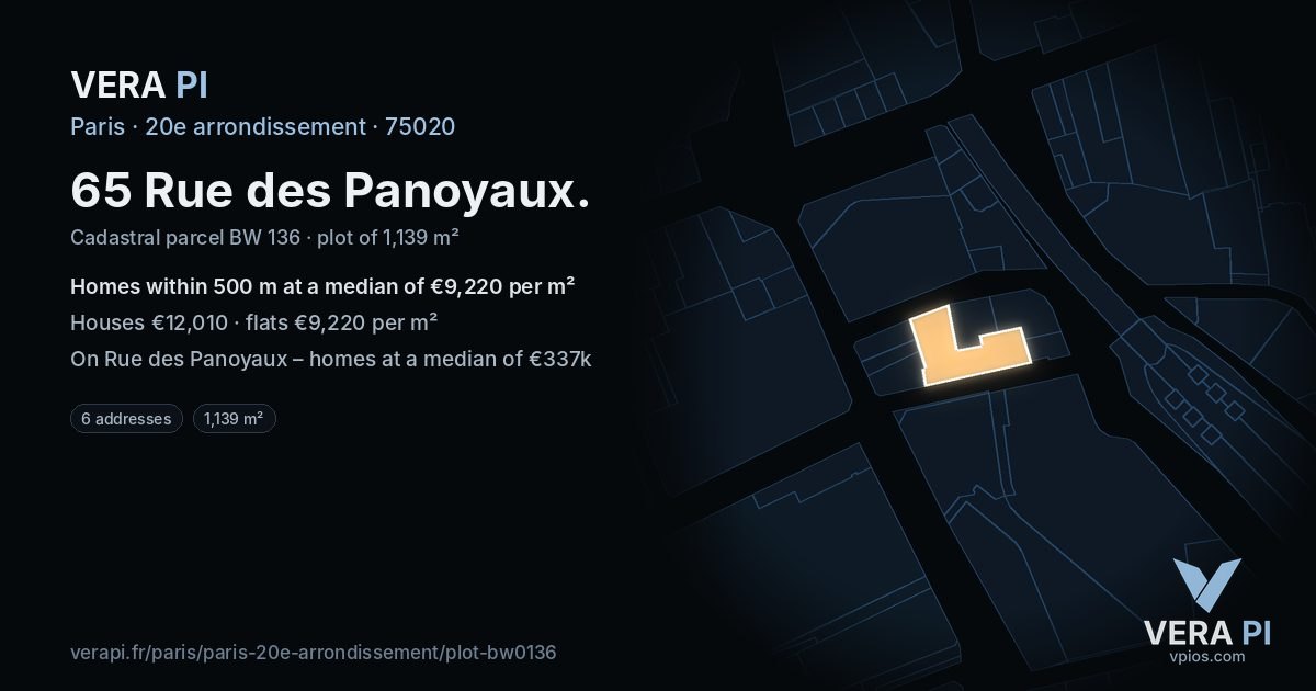 65 Rue des Panoyaux, 20e arrondissement at night – the plot lit, the parcels around coloured by the prices near them