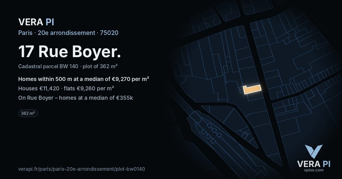 17 Rue Boyer, 20e arrondissement at night – the plot lit, the parcels around coloured by the prices near them