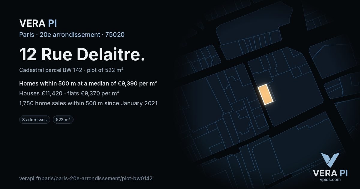 12 Rue Delaitre, 20e arrondissement at night – the plot lit, the parcels around coloured by the prices near them