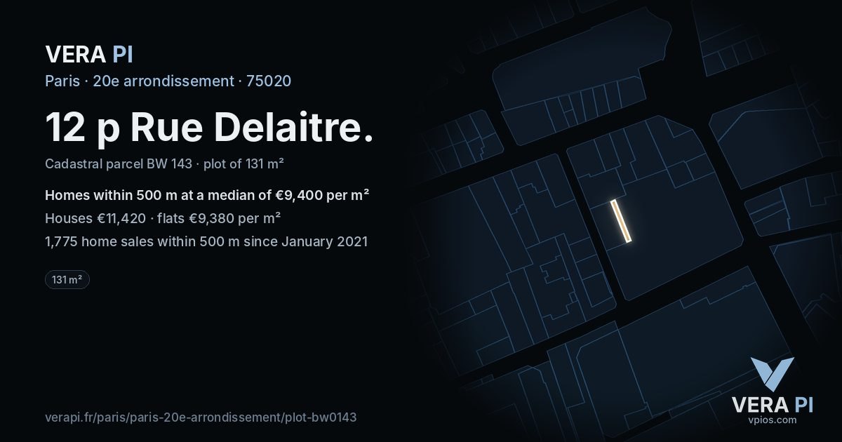 12 p Rue Delaitre, 20e arrondissement at night – the plot lit, the parcels around coloured by the prices near them