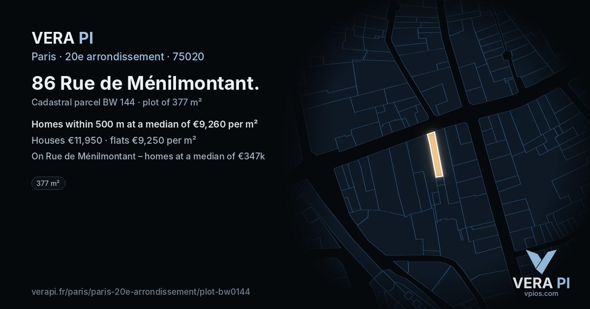 86 Rue de Ménilmontant, 20e arrondissement at night – the plot lit, the parcels around coloured by the prices near them