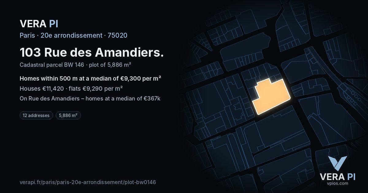 103 Rue des Amandiers, 20e arrondissement at night – the plot lit, the parcels around coloured by the prices near them