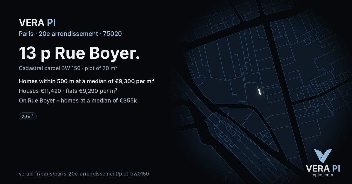13 p Rue Boyer, 20e arrondissement at night – the plot lit, the parcels around coloured by the prices near them