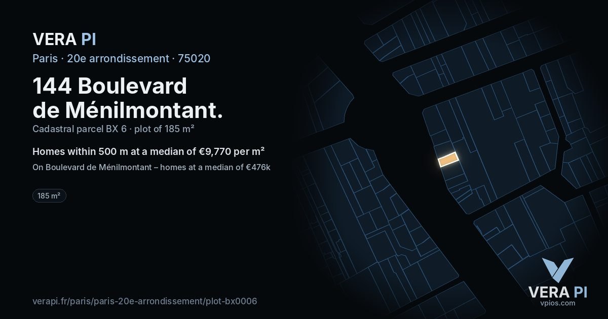 144 Boulevard de Ménilmontant, 20e arrondissement at night – the plot lit, the parcels around coloured by the prices near them