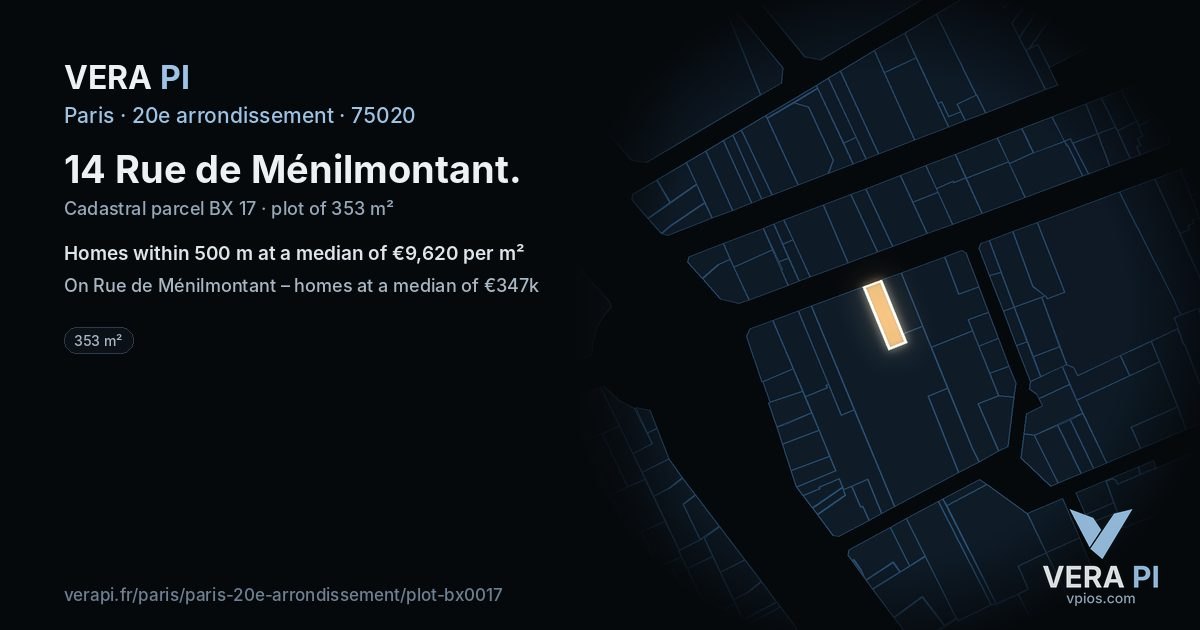 14 Rue de Ménilmontant, 20e arrondissement at night – the plot lit, the parcels around coloured by the prices near them