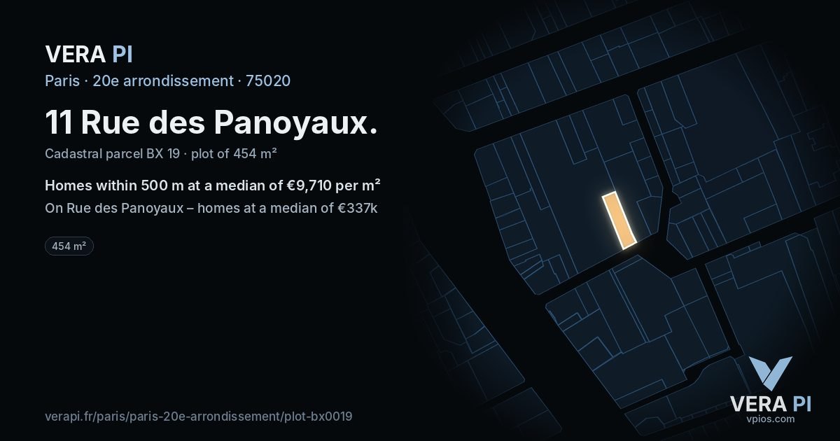 11 Rue des Panoyaux, 20e arrondissement at night – the plot lit, the parcels around coloured by the prices near them