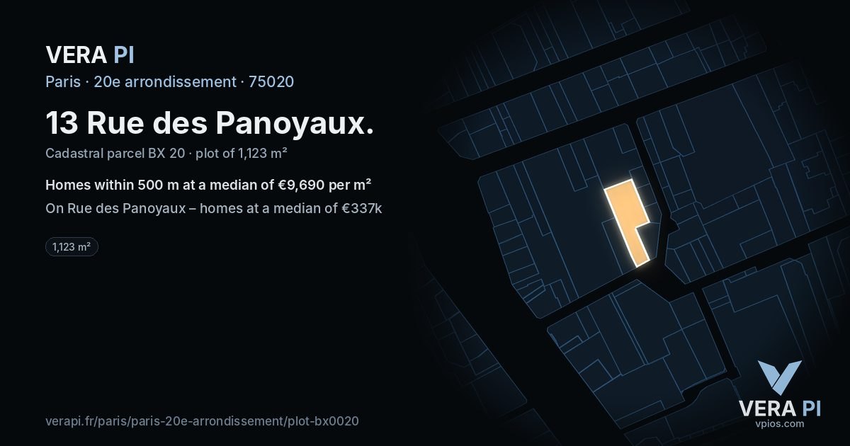 13 Rue des Panoyaux, 20e arrondissement at night – the plot lit, the parcels around coloured by the prices near them