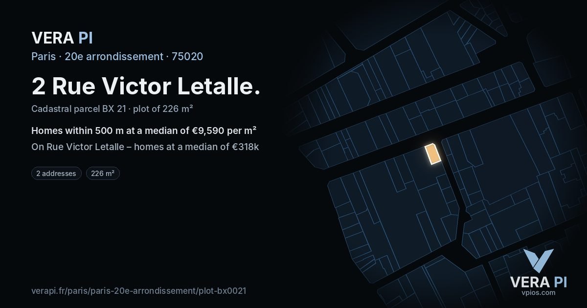 2 Rue Victor Letalle, 20e arrondissement at night – the plot lit, the parcels around coloured by the prices near them