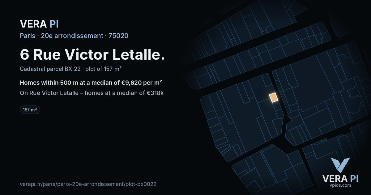 6 Rue Victor Letalle, 20e arrondissement at night – the plot lit, the parcels around coloured by the prices near them