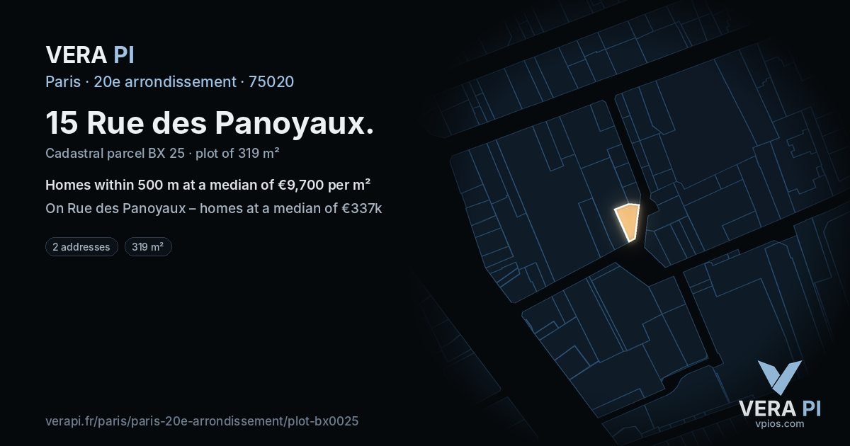 15 Rue des Panoyaux, 20e arrondissement at night – the plot lit, the parcels around coloured by the prices near them