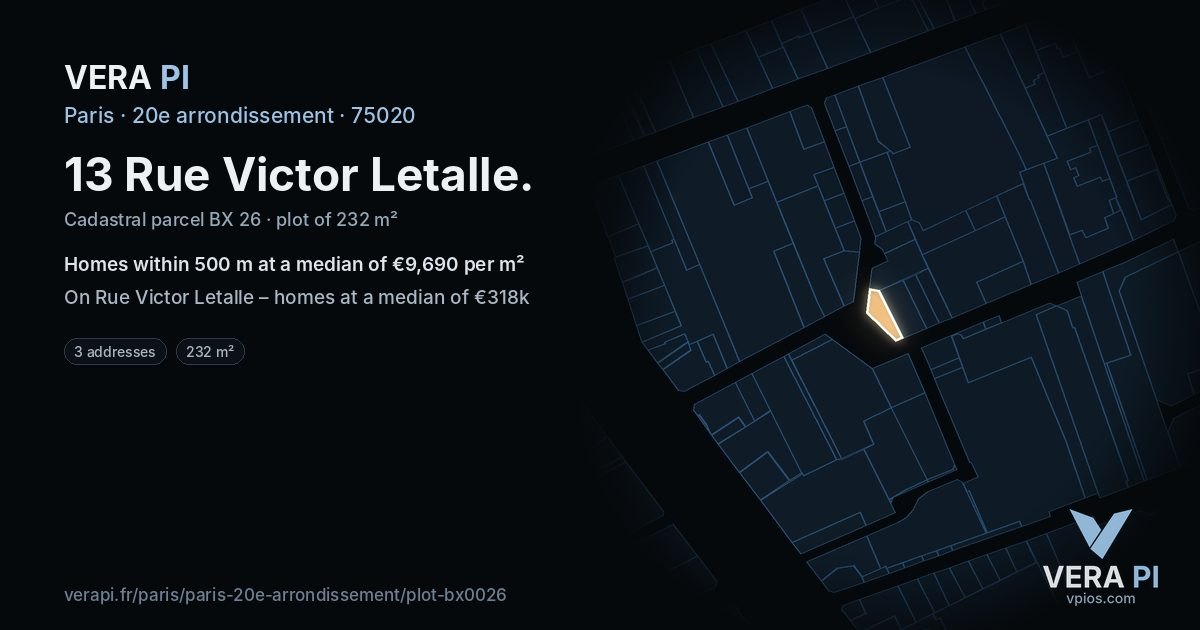 13 Rue Victor Letalle, 20e arrondissement at night – the plot lit, the parcels around coloured by the prices near them