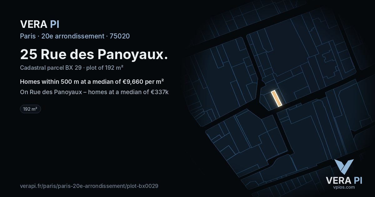 25 Rue des Panoyaux, 20e arrondissement at night – the plot lit, the parcels around coloured by the prices near them