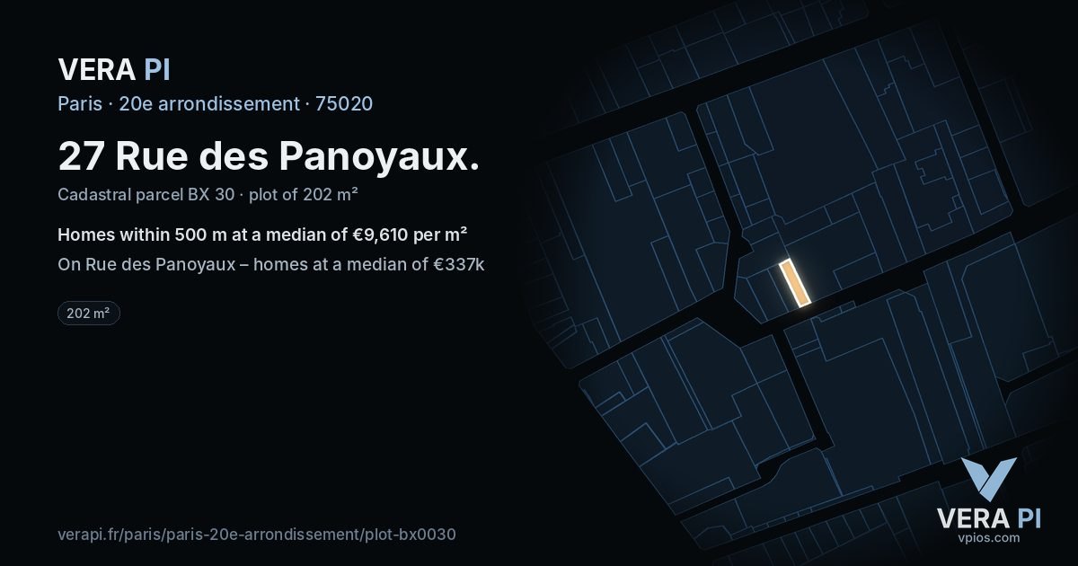 27 Rue des Panoyaux, 20e arrondissement at night – the plot lit, the parcels around coloured by the prices near them