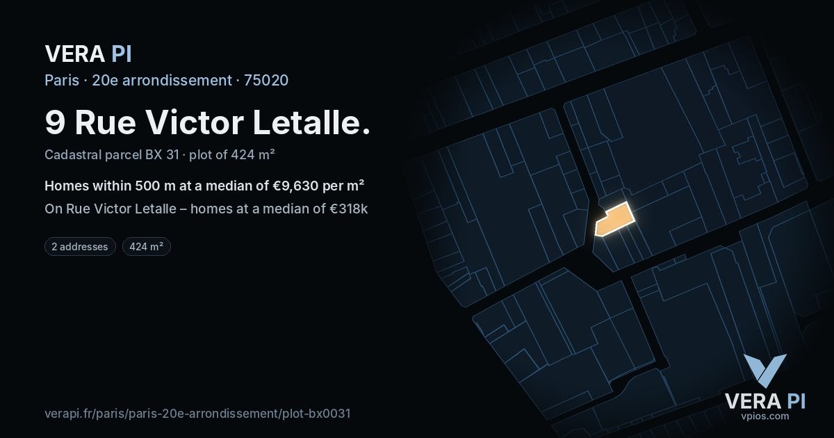 9 Rue Victor Letalle, 20e arrondissement at night – the plot lit, the parcels around coloured by the prices near them