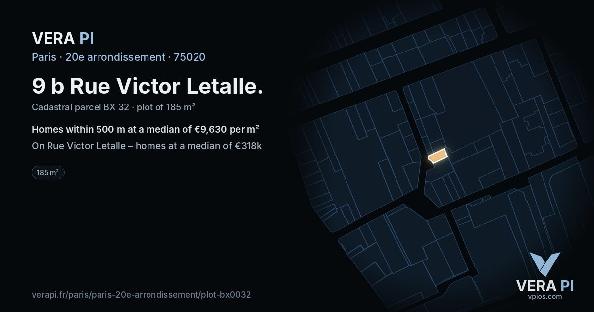 9 b Rue Victor Letalle, 20e arrondissement at night – the plot lit, the parcels around coloured by the prices near them