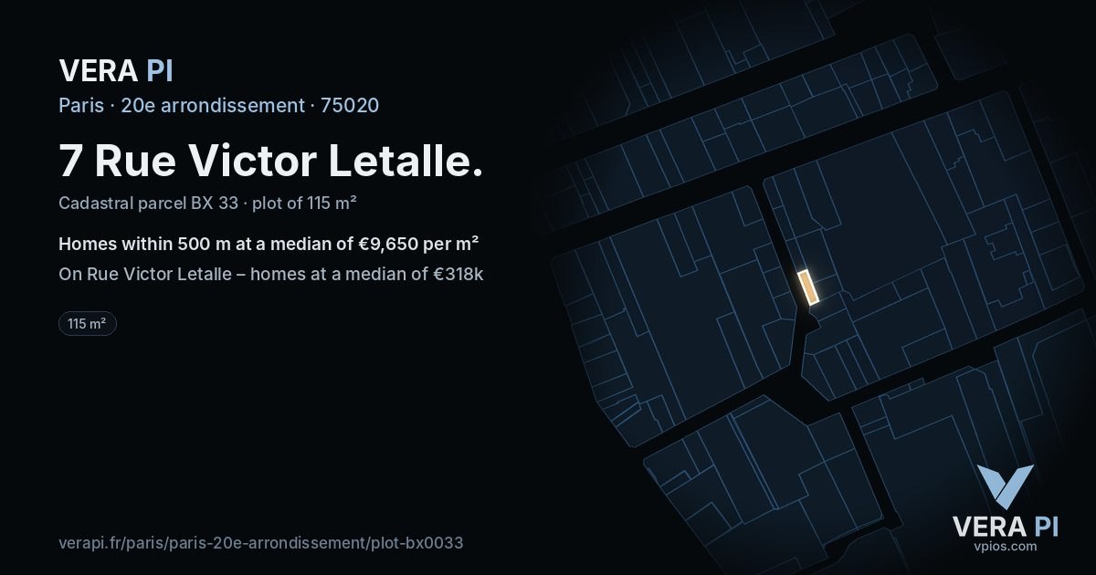 7 Rue Victor Letalle, 20e arrondissement at night – the plot lit, the parcels around coloured by the prices near them