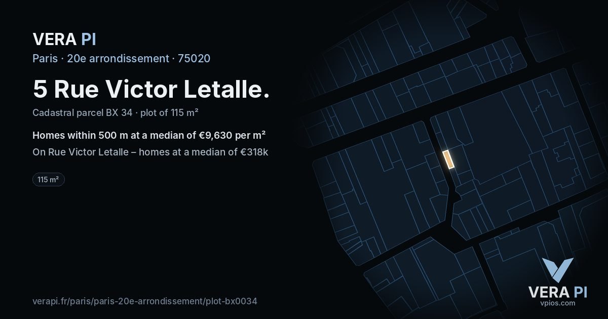 5 Rue Victor Letalle, 20e arrondissement at night – the plot lit, the parcels around coloured by the prices near them