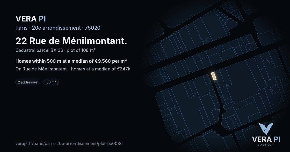 22 Rue de Ménilmontant, 20e arrondissement at night – the plot lit, the parcels around coloured by the prices near them