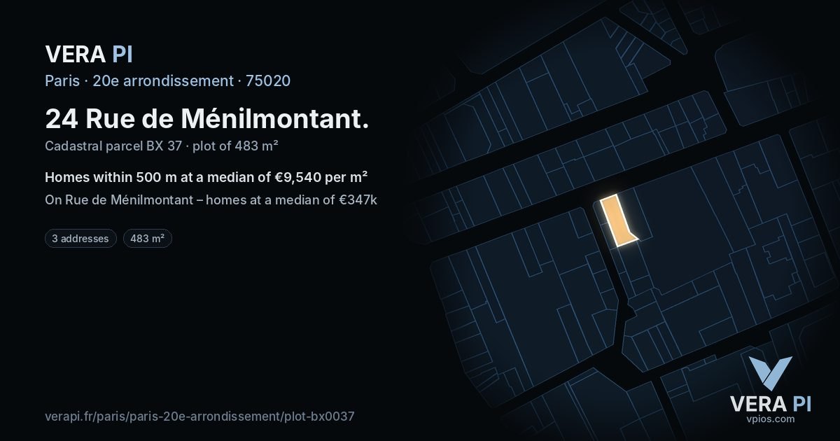 24 Rue de Ménilmontant, 20e arrondissement at night – the plot lit, the parcels around coloured by the prices near them