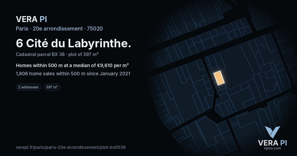 6 Cité du Labyrinthe, 20e arrondissement at night – the plot lit, the parcels around coloured by the prices near them