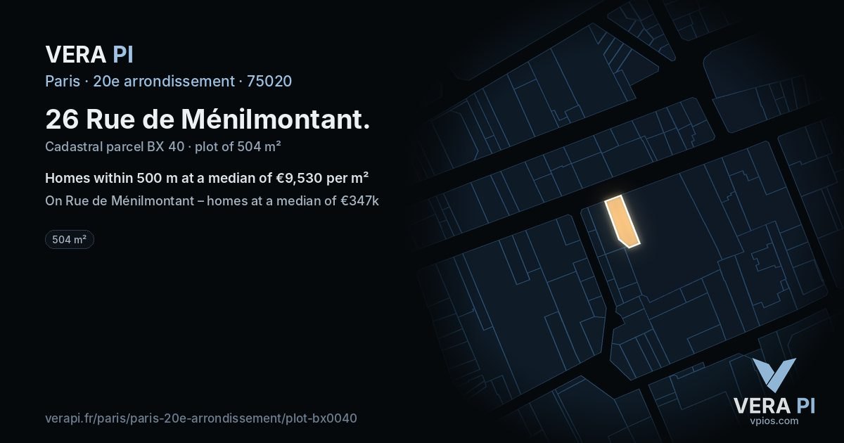 26 Rue de Ménilmontant, 20e arrondissement at night – the plot lit, the parcels around coloured by the prices near them