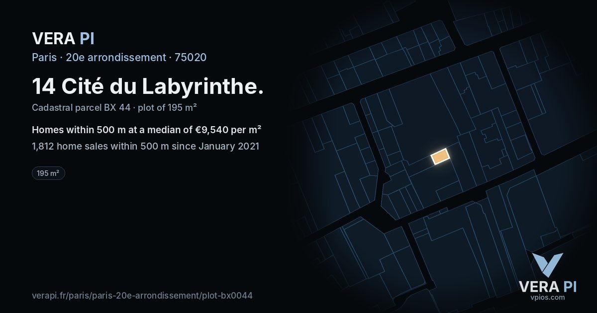 14 Cité du Labyrinthe, 20e arrondissement at night – the plot lit, the parcels around coloured by the prices near them