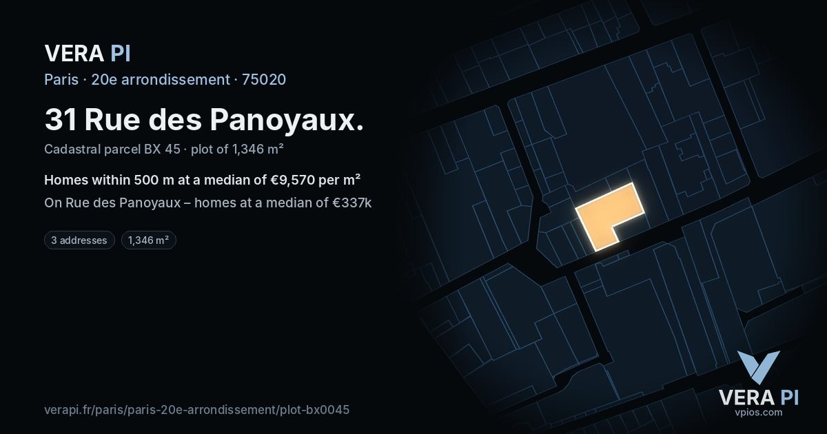 31 Rue des Panoyaux, 20e arrondissement at night – the plot lit, the parcels around coloured by the prices near them
