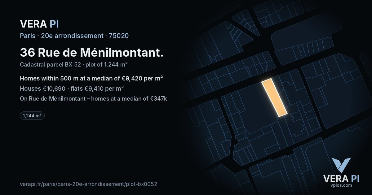 36 Rue de Ménilmontant, 20e arrondissement at night – the plot lit, the parcels around coloured by the prices near them