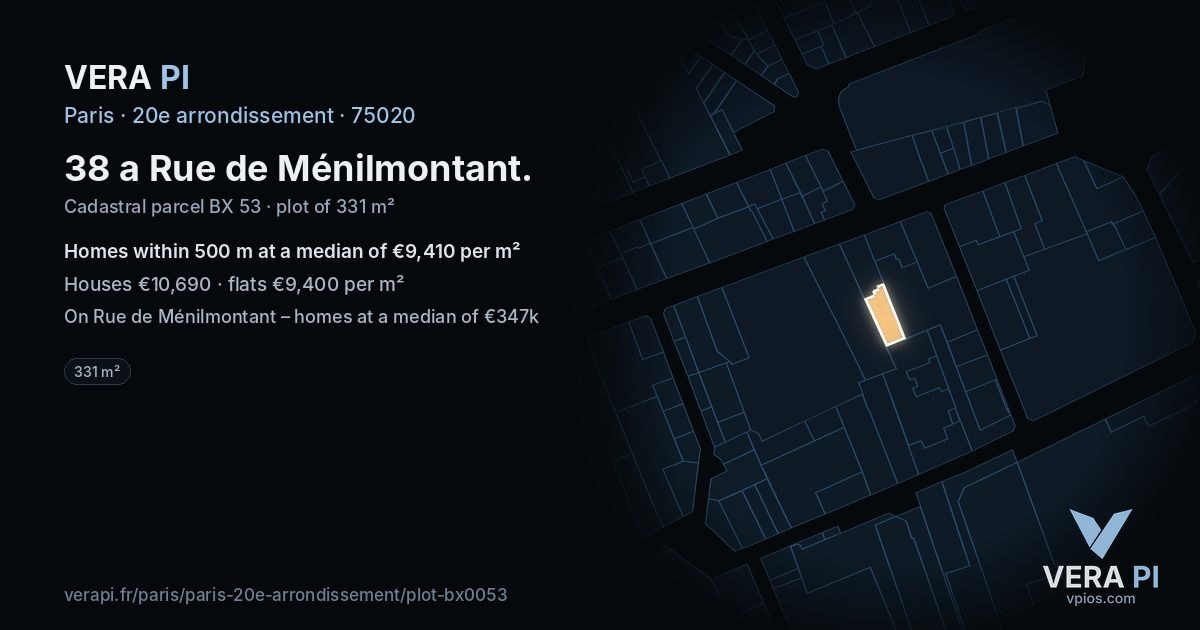 38 a Rue de Ménilmontant, 20e arrondissement at night – the plot lit, the parcels around coloured by the prices near them