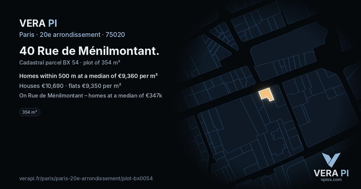 40 Rue de Ménilmontant, 20e arrondissement at night – the plot lit, the parcels around coloured by the prices near them