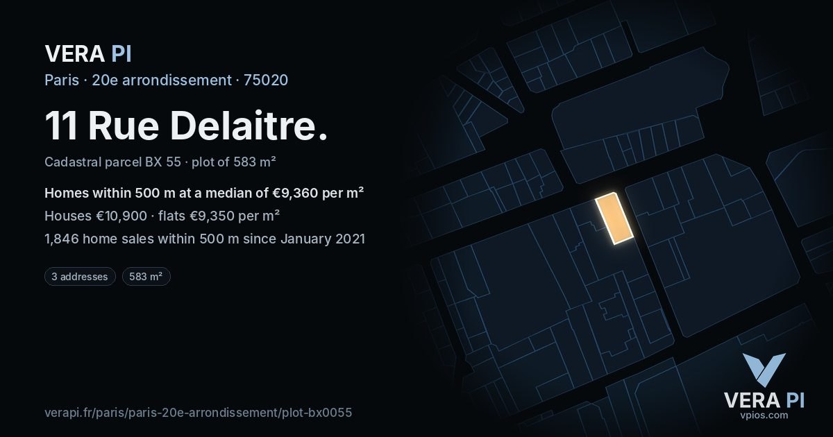 11 Rue Delaitre, 20e arrondissement at night – the plot lit, the parcels around coloured by the prices near them