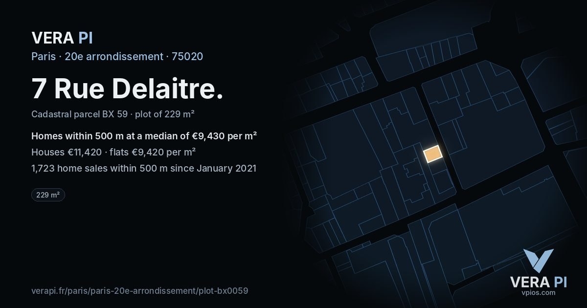 7 Rue Delaitre, 20e arrondissement at night – the plot lit, the parcels around coloured by the prices near them
