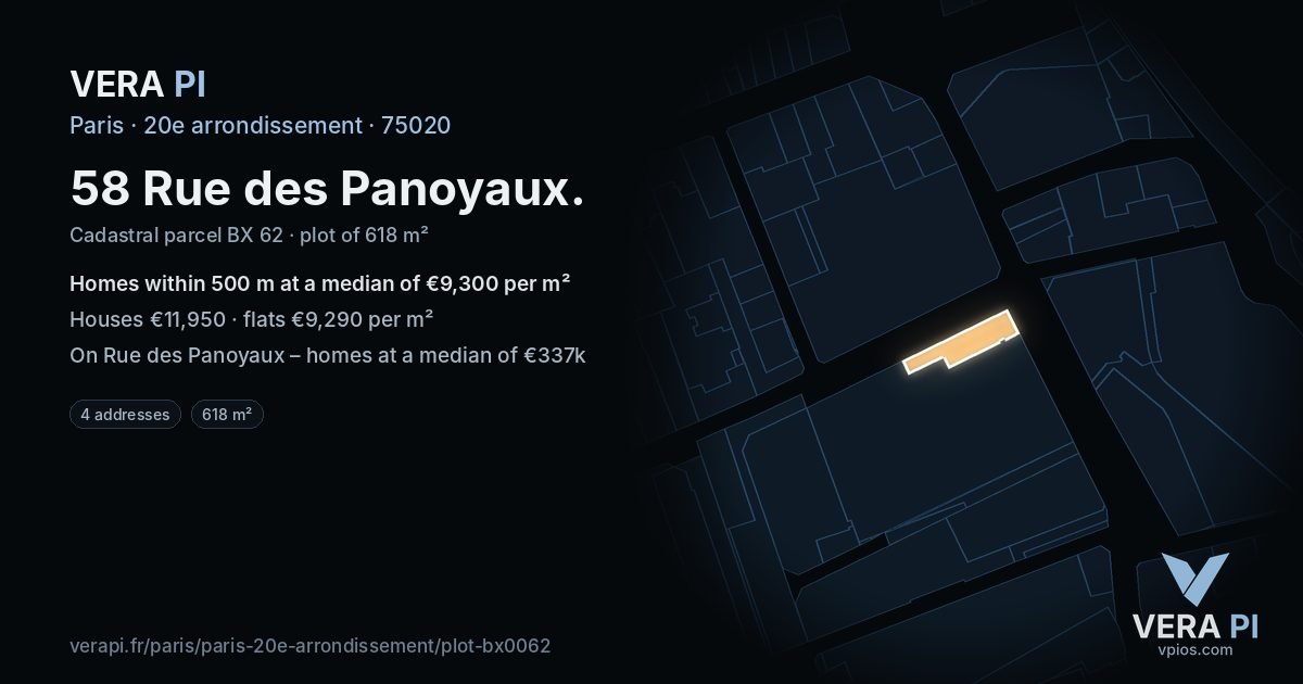 58 Rue des Panoyaux, 20e arrondissement at night – the plot lit, the parcels around coloured by the prices near them