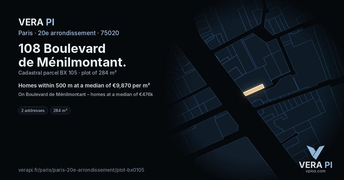 108 Boulevard de Ménilmontant, 20e arrondissement at night – the plot lit, the parcels around coloured by the prices near them