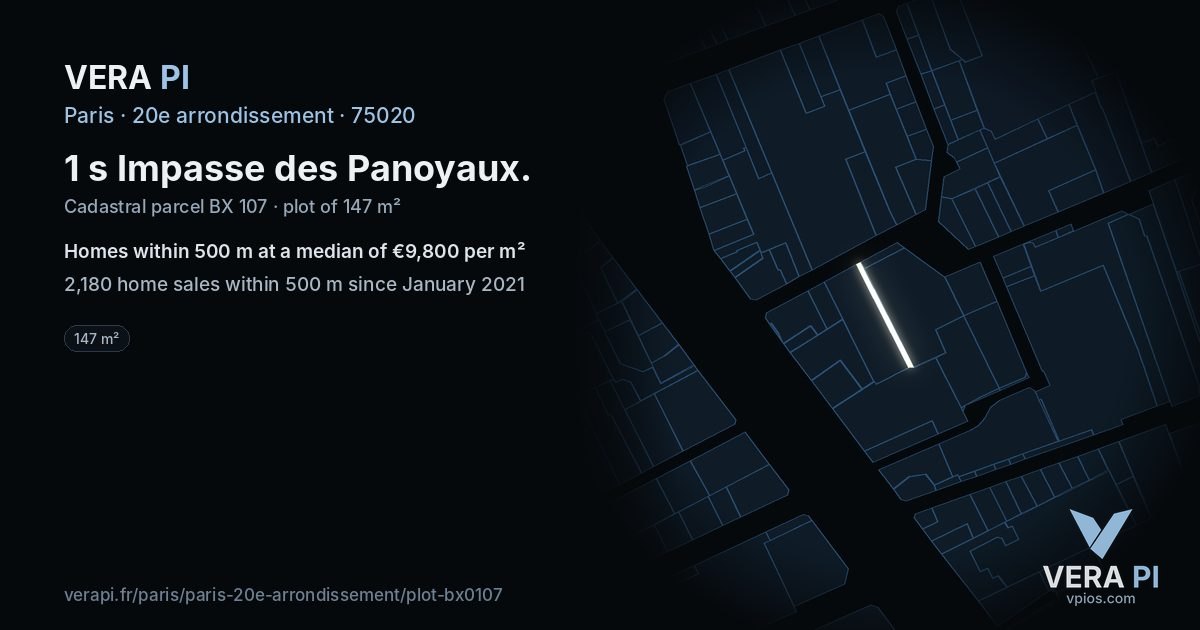 1 s Impasse des Panoyaux, 20e arrondissement at night – the plot lit, the parcels around coloured by the prices near them