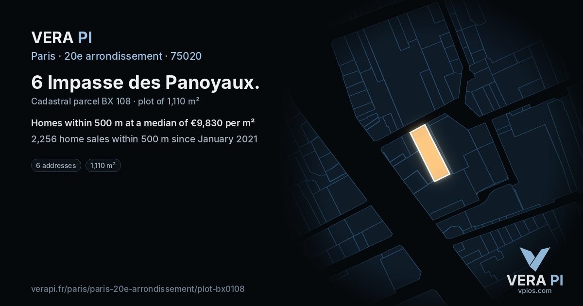 6 Impasse des Panoyaux, 20e arrondissement at night – the plot lit, the parcels around coloured by the prices near them