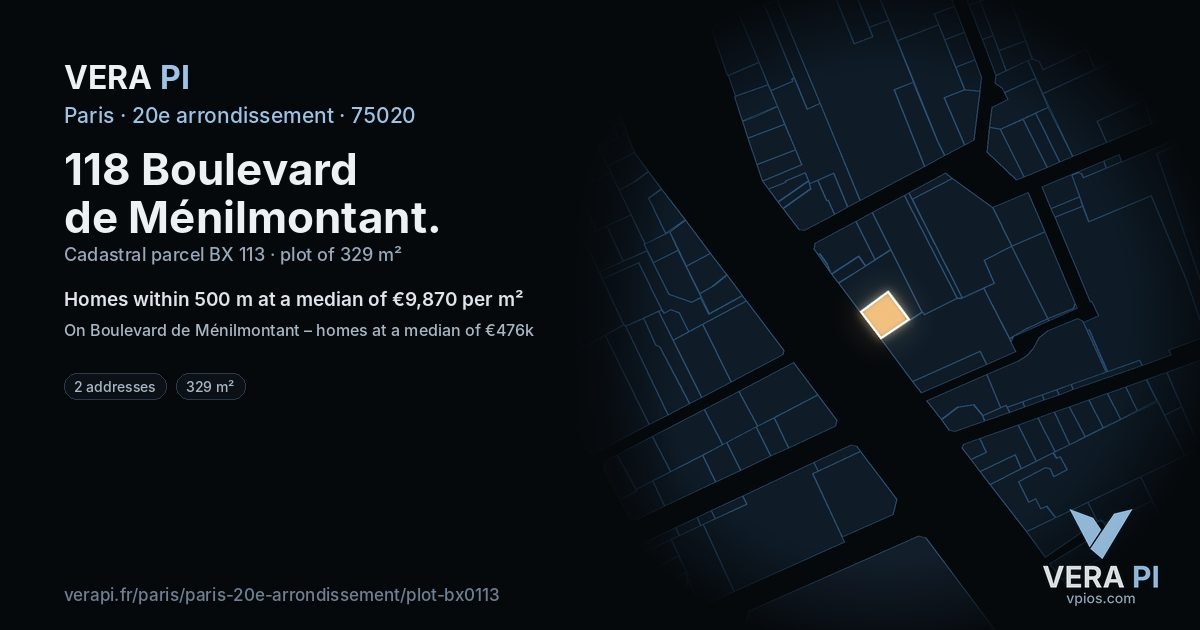 118 Boulevard de Ménilmontant, 20e arrondissement at night – the plot lit, the parcels around coloured by the prices near them