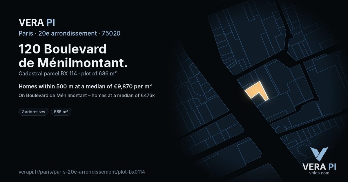 120 Boulevard de Ménilmontant, 20e arrondissement at night – the plot lit, the parcels around coloured by the prices near them