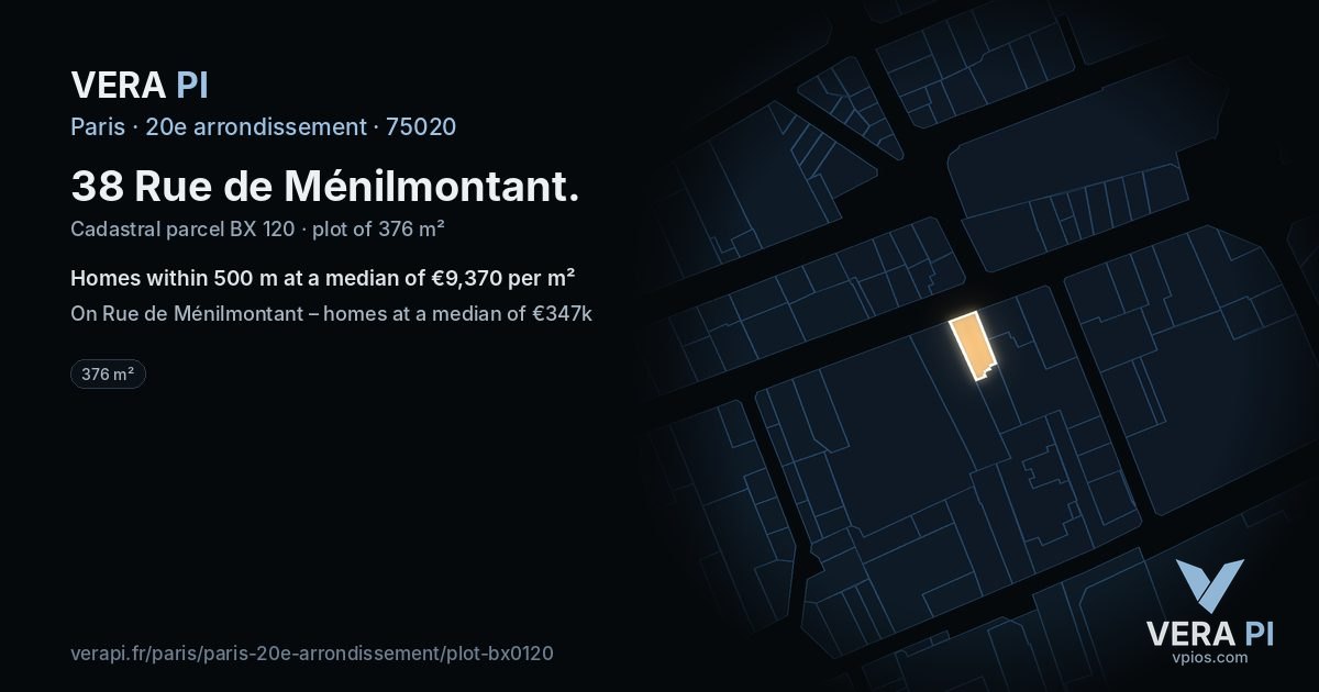 38 Rue de Ménilmontant, 20e arrondissement at night – the plot lit, the parcels around coloured by the prices near them