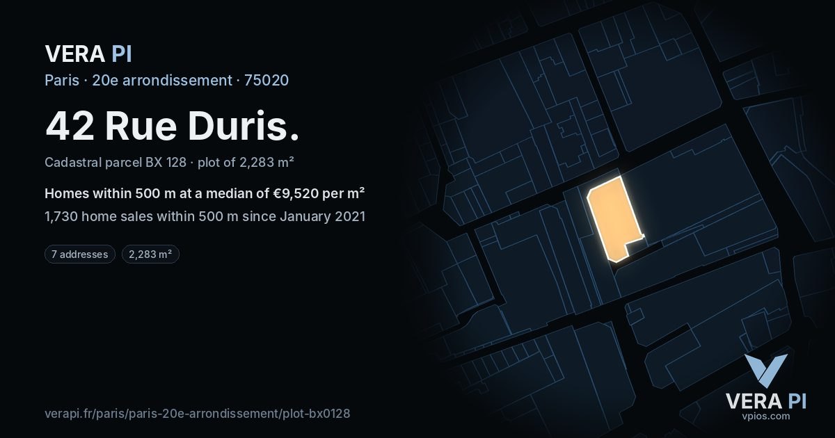 42 Rue Duris, 20e arrondissement at night – the plot lit, the parcels around coloured by the prices near them