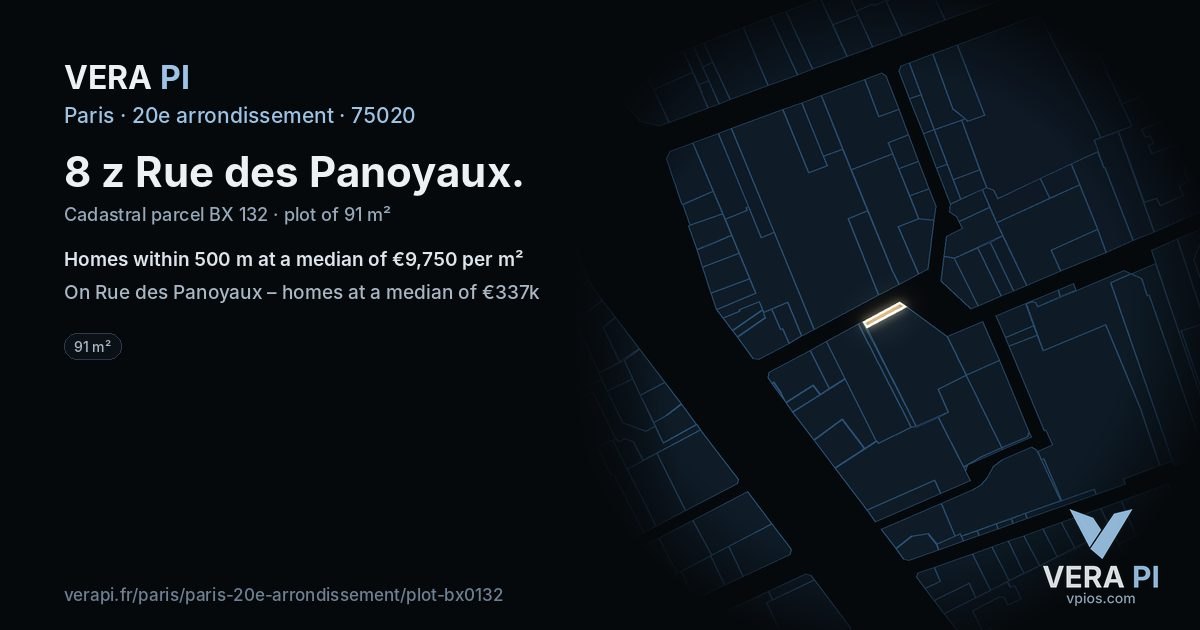 8 z Rue des Panoyaux, 20e arrondissement at night – the plot lit, the parcels around coloured by the prices near them