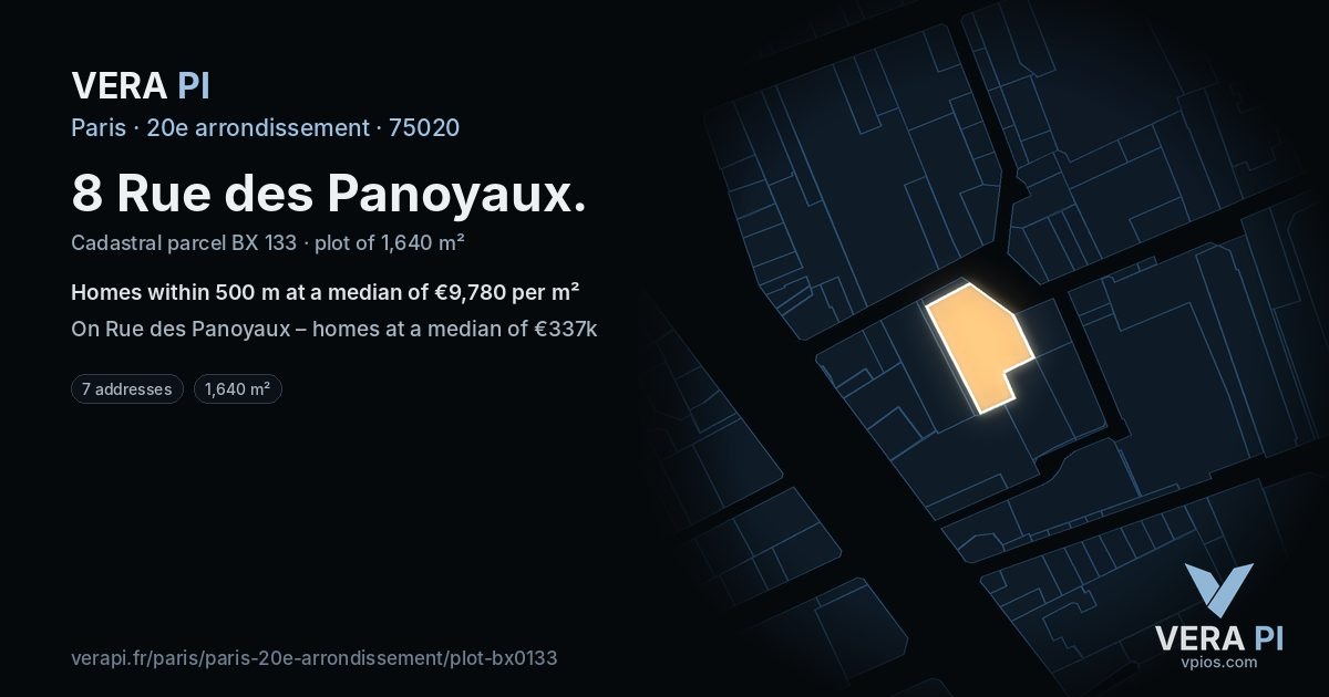 8 Rue des Panoyaux, 20e arrondissement at night – the plot lit, the parcels around coloured by the prices near them
